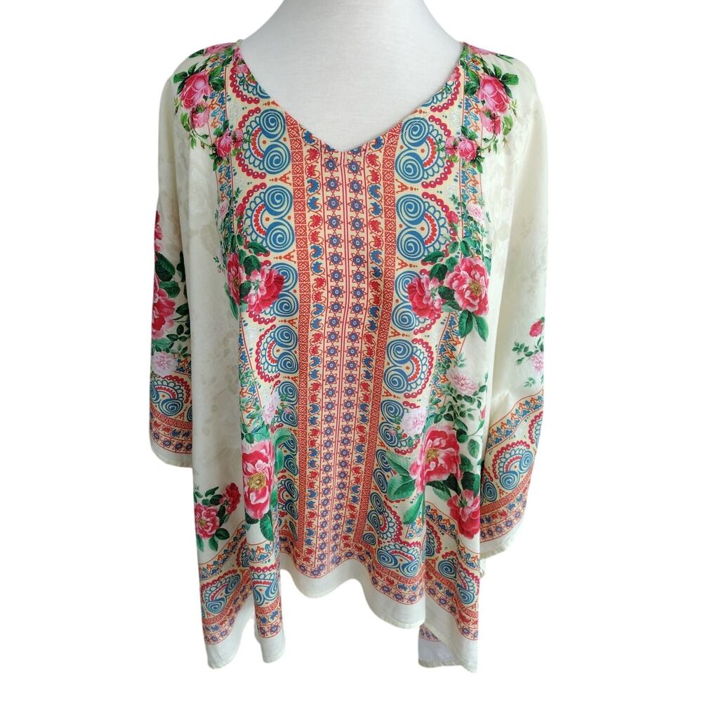 Tolani Oversized Boho Floral Cotton & Modal V-Neck Poncho Top Women's Large